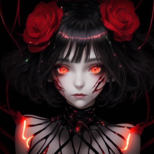 01651-699150995-cat eyes, black red clothes, red glowing blood dripped roses, glowing flower feathers in her hair and eyes, glowing hearts circl.png